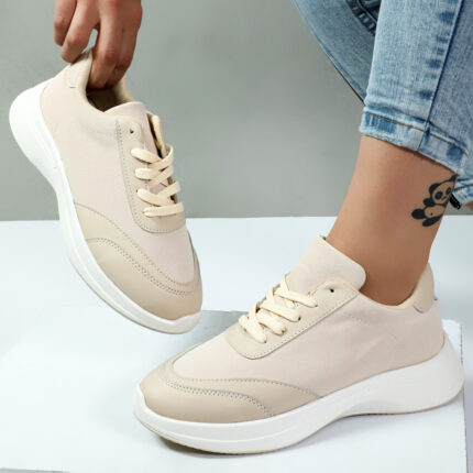 کفش کتونی زنانه رنگ کرم طرح چرم خاویاری کد 38501