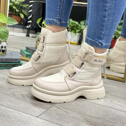 نیم بوت کاپشنی چسبی رنگ کرم زنانه کد 2200