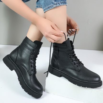 نیم بوت زنانه رنگ مشکی بندی بافتی کد 85465