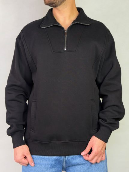 پلیور دورس مردانه سه نخ مدل نیم زیپ بیسیک رنگ مشکی کد 000343