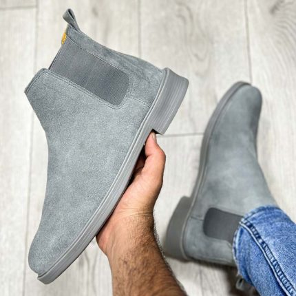 بوت مردانه مدل چلسی چرم طبیعی جیر رنگ طوسی کد 85200