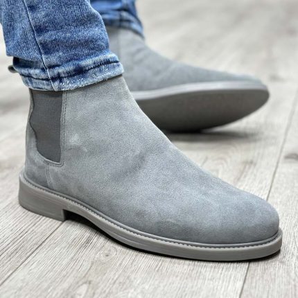 بوت مردانه مدل چلسی چرم طبیعی جیر رنگ طوسی کد 85200