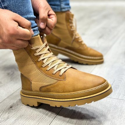 بوت مردانه ساق بلند رنگ کرم خاکی کد 34588